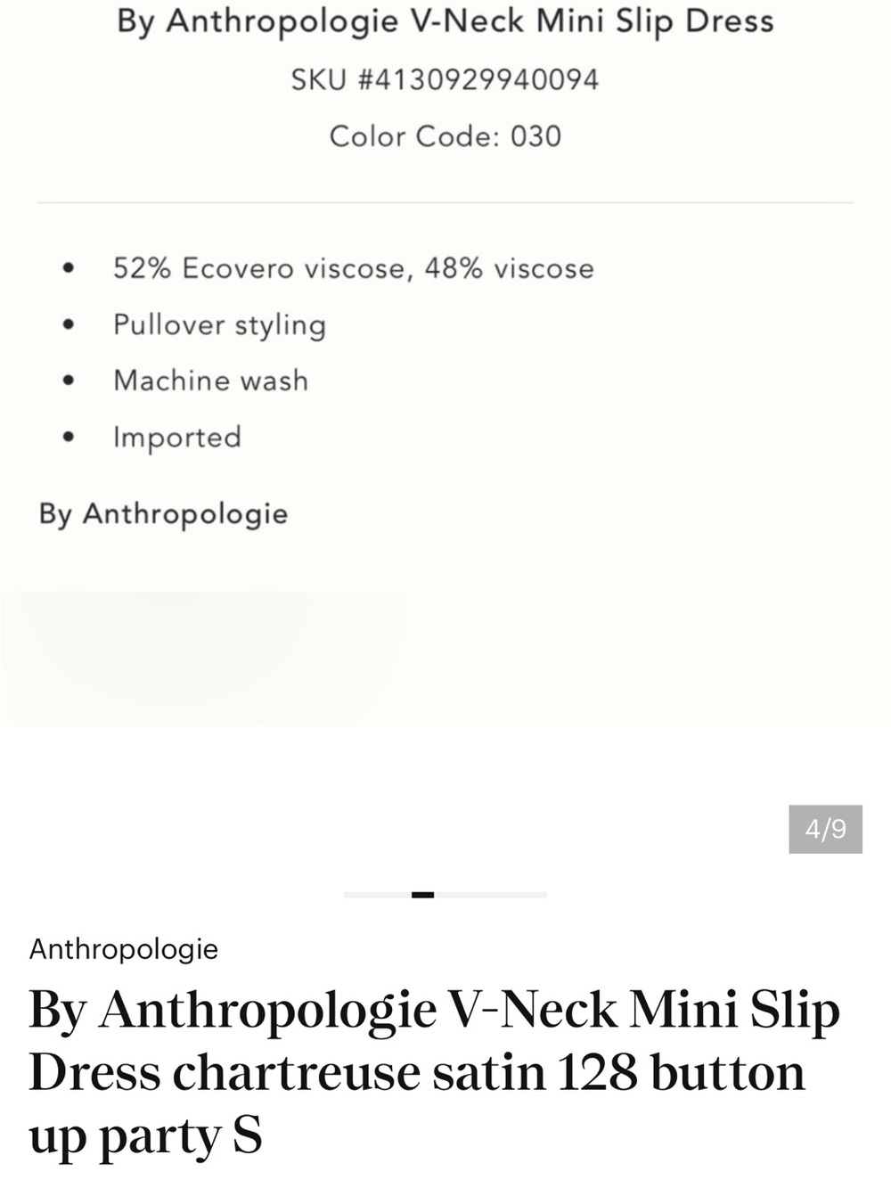 Anthropologie Chartreuse Satin V-Neck Mini Slip Dress - Picture 5 of 7